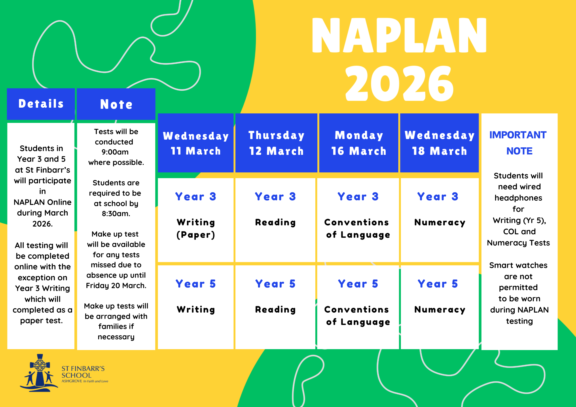 NAPLAN 2026 testing schedule for Year 3 and Year 5 students at St Finbarr’s School.
